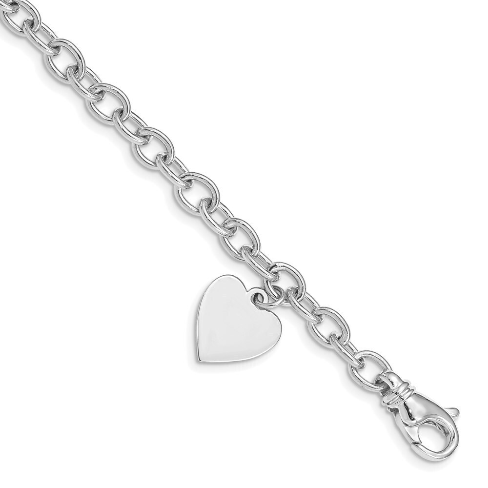 14k White Gold 8.5in Polished Engravable Link With Heart Charm Bracelet